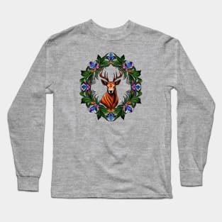 White-tailed Deer With Wildflower Michigan State Tattoo Art Long Sleeve T-Shirt